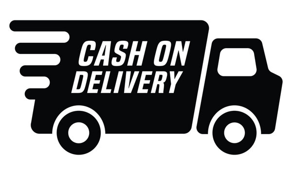 Solid black vector icon of a delivery truck with the white text "cash on delivery" on the side. Minimalist, flat design representing free shipping, delivery, and service. Isolated on white.