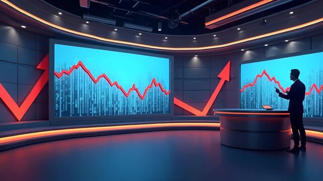 Illustration of economic news bearish update showing TV studio screen with red down arrows market statistics and anchor delivering gloom outlook in  Photo Stock  Concept  and empty space on the left s
