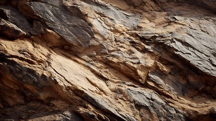 Rough, layered rock face with warm and cool tones in natural light.