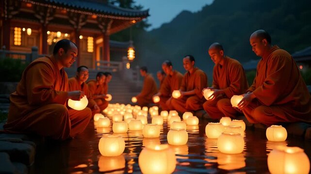 Traditional Obon ritual honoring ancestral spirits monks blessing floating lanterns on temple pond before participants carry vessels to open water in  Photo Stock  Concept  and empty space on the left