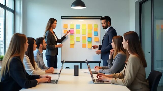 Innovative creative meeting in conference room with brainstorming session on whiteboard colorful sticky notes and diverse team members contributing structured ideas professionally in  Photo Stock  Con