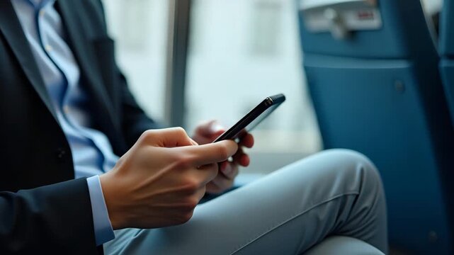Professional browsing job opportunity postings on smartphone during commute observing career options in clean UI design in  Photo Stock  Concept  and empty space on the left side