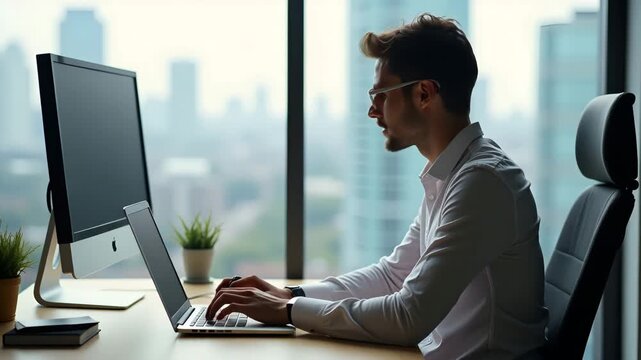 Motivated applicant filling out work opportunity application form on laptop at ergonomic workstation with cityscape view in  Photo Stock  Concept  and empty space on the left side