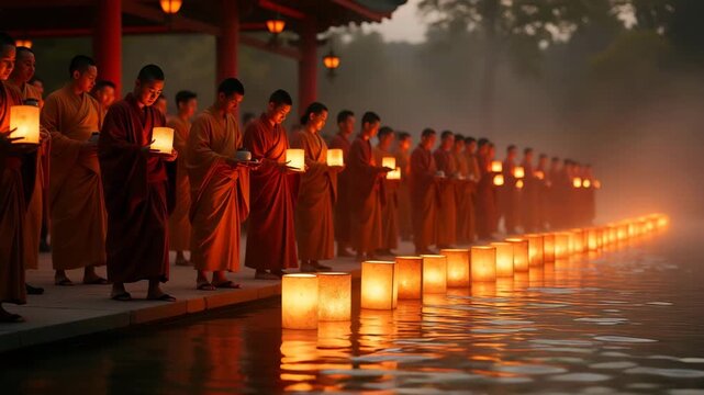Traditional Obon ritual honoring ancestral spirits monks blessing floating lanterns on temple pond before participants carry vessels to open water in  Photo Stock  Concept  and empty space on the left