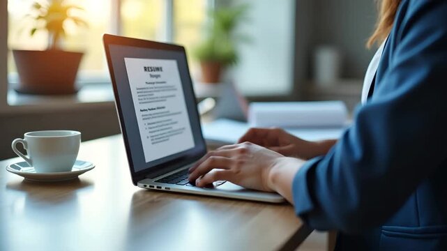 Close?up of resume and laptop workstation setup showing applicant editing CV document on screen with coffee cup and office accessories in modern desk environment in  Photo Stock  Concept  and empty sp
