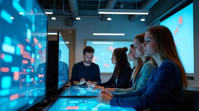 Bright young talent opportunity advertisement featuring diverse group of candidates collaborating on project around interactive digital display in innovation hub in  Photo Stock  Concept  and empty sp