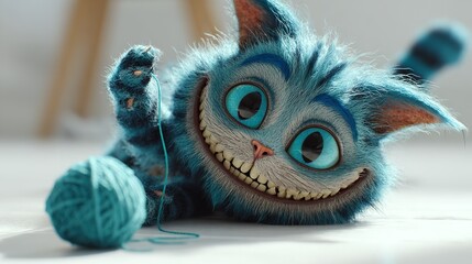 Adorable blue cheshire cat with a playful grin lying down with a ball of yarn indoors