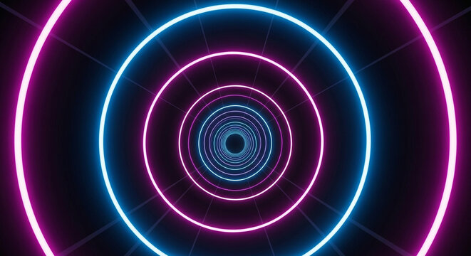 A captivating tunnel of neon circles in shades of blue and pink, creating a futuristic and immersive experience that draws the viewer into its depths