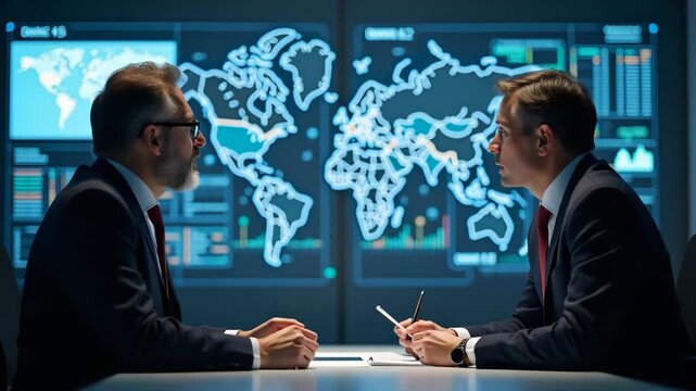 Government analysts assessing economic sanctions USA impact on commodity exports and evaluating enforcement mechanisms across international borders in  Photo Stock  Concept  and empty space on the lef