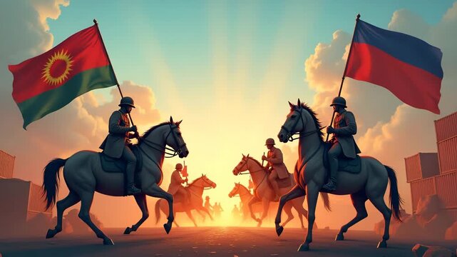 Graphic artists designing trade war concept art depicting symbolic armies of goods clashing under national flag banners in  Photo Stock  Concept  and empty space on the left side