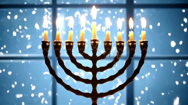 Hanukkah menorah candles burning brightly for the holiday.