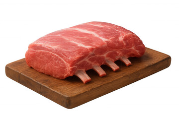 Fototapeta premium Raw pork loin with visible ribs on a wooden cutting board, ready for butchery or culinary preparation. Transparent background