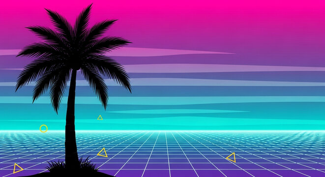 Retro wave tropical scene with palm tree silhouette, neon grid, and vibrant colors, creating a nostalgic and futuristic atmosphere reminiscent of the 1980s