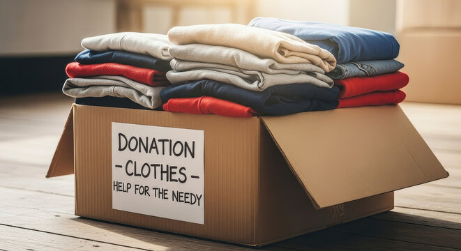 Box of donated clothes with aid sign.