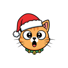 Cute Surprised Christmas Cat Cartoon &ndash; Kawaii Style Cat with Santa Hat and Jingle Bells