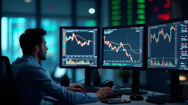 Professional trader analyzing bearish market trend on multiple monitors displaying falling stock indices candlestick patterns and volume indicators in modern trading floor in  Photo Stock  Concept  an