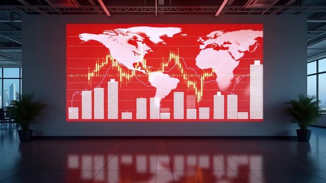Graphical visualization of red stock chart projected on office wall indicating persistent downtrend with annotated trendlines and volume spikes in  Photo Stock  Concept  and empty space on the left si