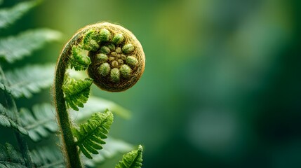 Close-up of a unfurling fern frond displaying spiral growth.