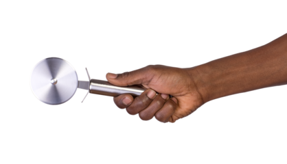 Man holding a pizza knife in hand, isoalted on white or transparent background
