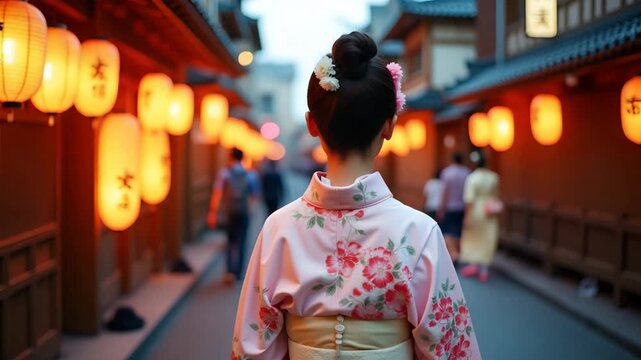 Close?up portrait of woman wearing pastel yukata with intricate floral pattern and obi sash walking along lantern?lit street during traditional Obon festival evening in  Photo Stock  Concept  and empt
