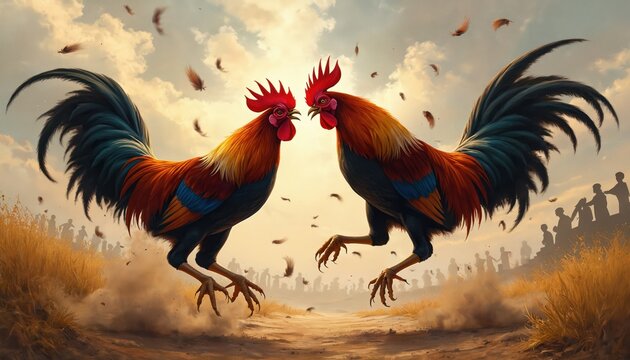 Two vibrant, colorful roosters furiously leap, fighting dramatically mid-air. Scattered feathers fly around. Sharp claws extend, beaks open, bodies tense for brutal battle. Large silhouetted crowd