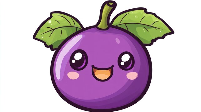 Cute cartoon plum, cheerful expression, isolated background, digital illustration, food, for children's content