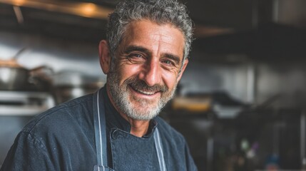 Obraz premium A joyful chef stands confidently in a bustling kitchen skillfully preparing delicious meals for lunchtime diners. The kitchen atmosphere is lively and engaging showcasing culinary artistry.