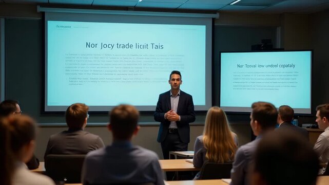 Business professor comparing USA vs China tariffs scenarios on historic trade models in university classroom filled with students and projection screen in  Photo Stock  Concept  and empty space on the