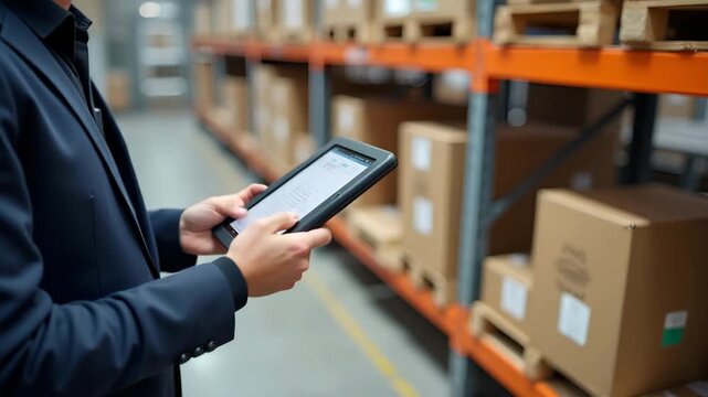 Customs official examining imported trade goods in warehouse using handheld scanner and tablet to verify documentation inspect product condition and enforce compliance in  Photo Stock  Concept  and em