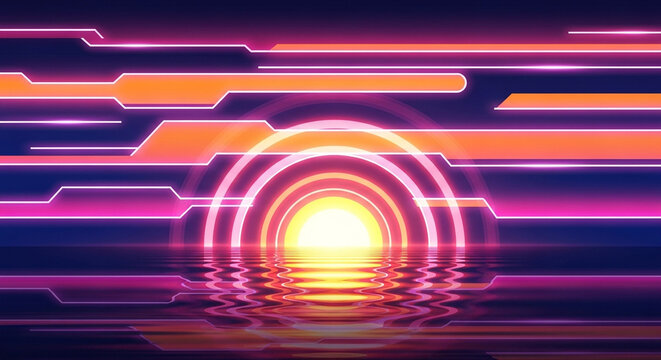 Abstract neon landscape with glowing lines and water reflection, creating a futuristic and surreal atmosphere, reminiscent of cyberpunk and synthwave