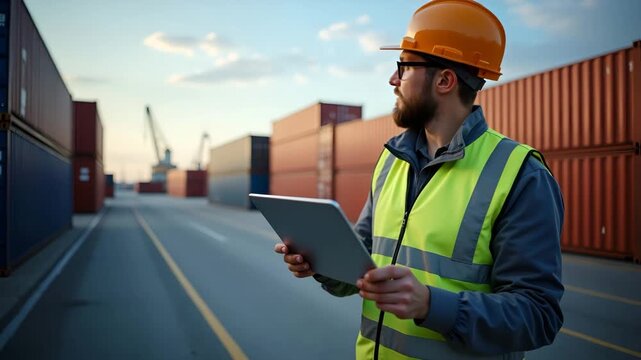 Shipping coordinator organizing container loading for shipping from Asia to US ports optimizing consolidation plans and tracking vessel ETA in shipping terminal in  Photo Stock  Concept  and empty spa