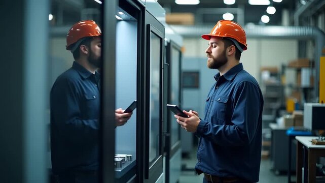 Engineering supervisor touring Canadian manufacturing plant inspecting advanced CNC machinery producing precision components under ISO standards in  Photo Stock  Concept  and empty space on the left s