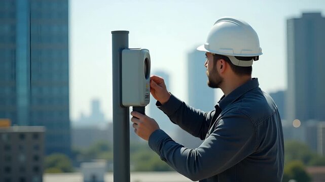 Environmental engineer installing urban air monitoring station to quantify CO2 emissions across industrial districts under standardized protocols in  Photo Stock  Concept  and empty space on the left 