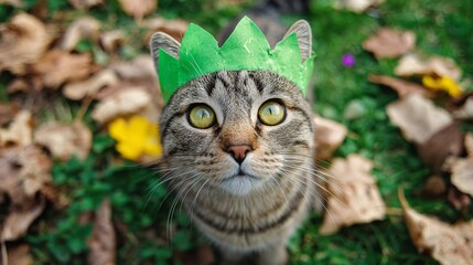 A tabby cat with a green paper crown sits among fallen leaves on a grassy surface