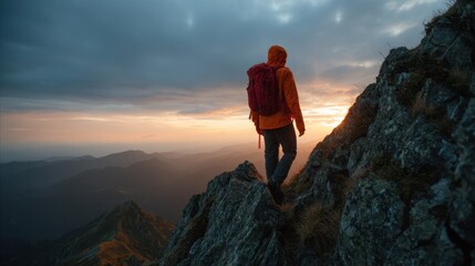 Obraz premium A hiker with a red backpack navigates rocky terrain during sunset surrounded by mountains. The sky is filled with clouds creating a stunning view of natures beauty.