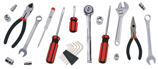 Vector illustration of various mechanical tools. Mechanical elements vector set