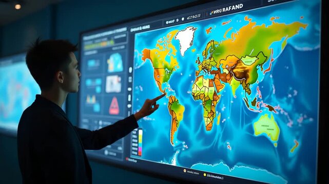 Emergency planners using 3D tsunami impact map visualizations to prioritize evacuation zones and allocate relief resources effectively in  Photo Stock  Concept  and empty space on the left side