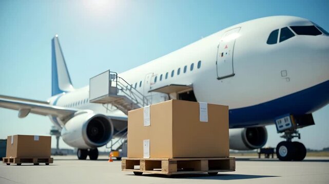 Packages for air shipment loaded onto cargo planes at airport ready for international deliveries under strict customs regulations and efficient logistics processes in  Photo Stock  Concept  and empty 