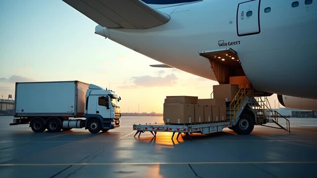 Airplane cargo area being readied for shipment loading displaying packaging techniques and shipment protocols for secure international transport in  Photo Stock  Concept  and empty space on the left s