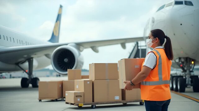 Packages for air shipment loaded onto cargo planes at airport ready for international deliveries under strict customs regulations and efficient logistics processes in  Photo Stock  Concept  and empty 