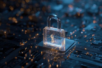 Digital Security: A transparent padlock, symbolizing robust digital security, glows against the backdrop of a futuristic circuit board, safeguarding the intricate network of interconnected data