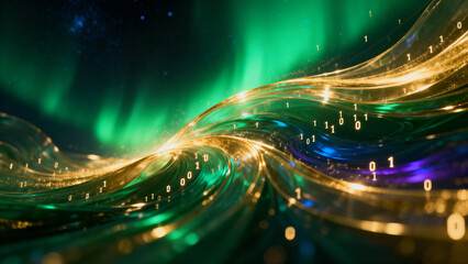Dynamic aurora like art in green and gold symbolizing investment growth with subtle numerical particles