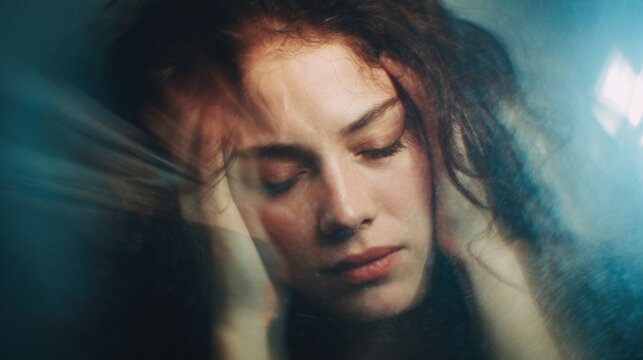A young woman with curly hair sits quietly holding her head in her hands. She appears deep in thought surrounded by a soft blurred light that enhances the mood of contemplation.