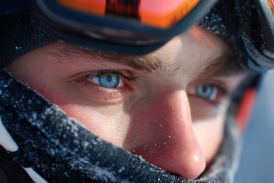 A close-up of a freestyle skier's masked face, showing intense focus and adrenaline just before a big jump or rail slide.