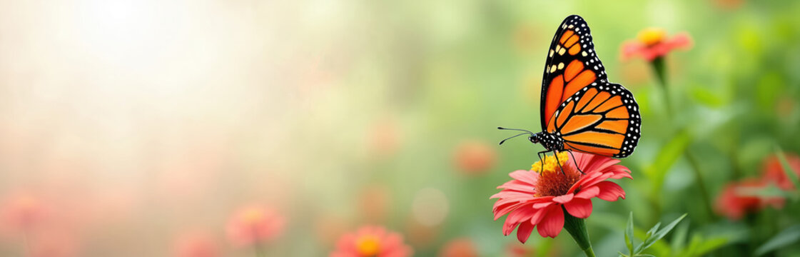 Monarch butterfly rests on vibrant pink flower. Orange insect with black spots sips nectar in sunny garden. Soft green bokeh background offers copy space for design.