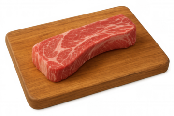 Raw beef chuck steak portion with marbling on a wooden chopping board, food preparation, transparent background