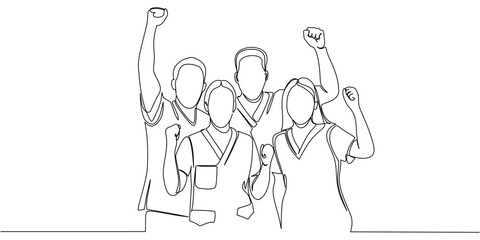 Continuous one line drawing of male and female employees making high five gesture, teamwork and encouragement for work concept, single line art