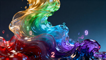 Fluid abstract sculpture dynamically changes color representing market sentiment with glowing numbers