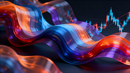 Elegant abstract 3D ribbon sculpture twists through dark space symbolizing market volatility and price history