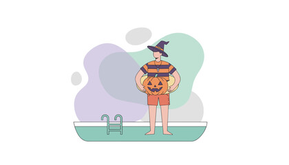 Man in witch hat by pool holding a Jackolantern and float Summer Halloween fun